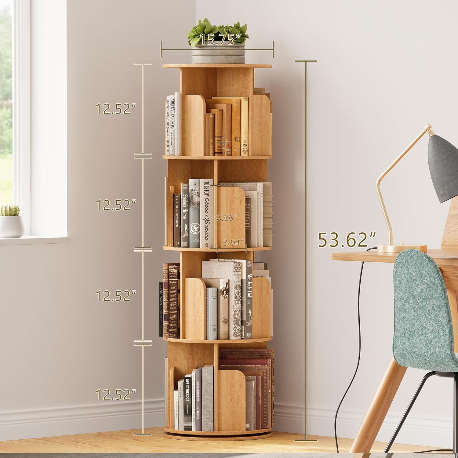 VDNEND Wooden 4 Tier Rotating Bookshelf, Spinning Bookshelf Tower,Modern Revolving Small Bookcase for Corner,Living Room,Bedroom (Natural Oak, 4-Tier)