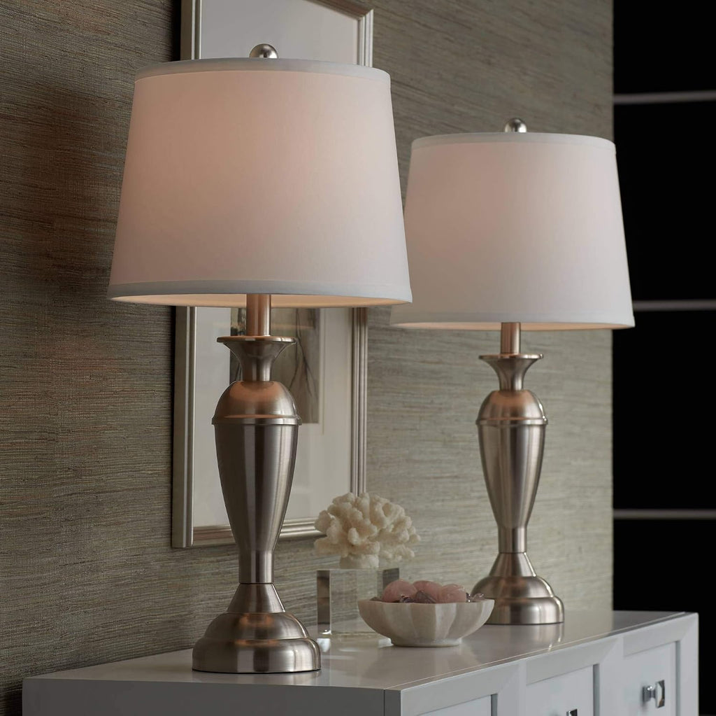 Regency Hill Blair Traditional 3-Way Table Lamps 25' Tall Set of 2 with Dimmers Brushed Nickel Metal Candlestick White Fabric Drum Shade for Bedroom Living Room House Bedside