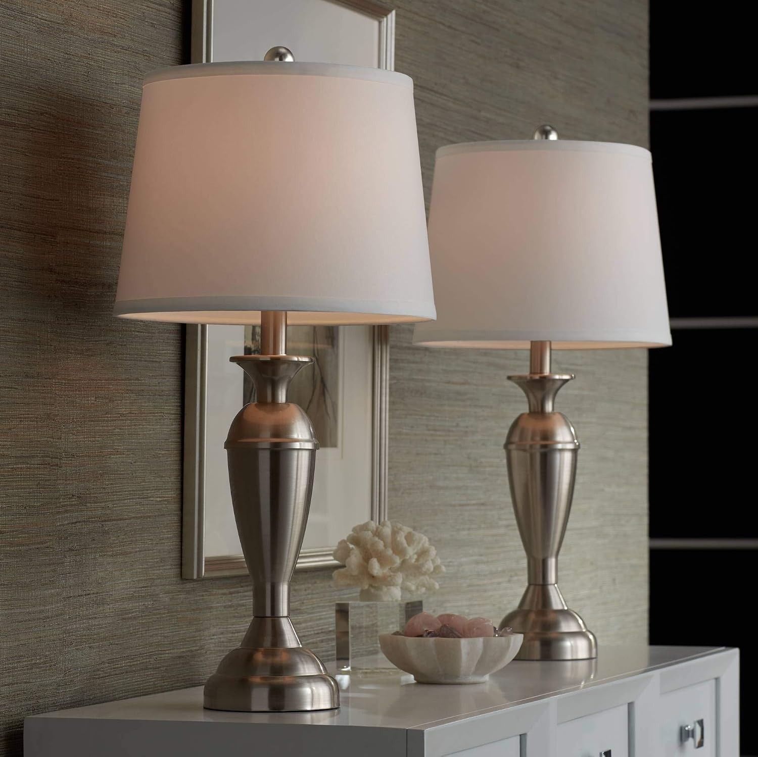 Regency Hill Blair Traditional 3-Way Table Lamps 25' Tall Set of 2 with Dimmers Brushed Nickel Metal Candlestick White Fabric Drum Shade for Bedroom Living Room House Bedside