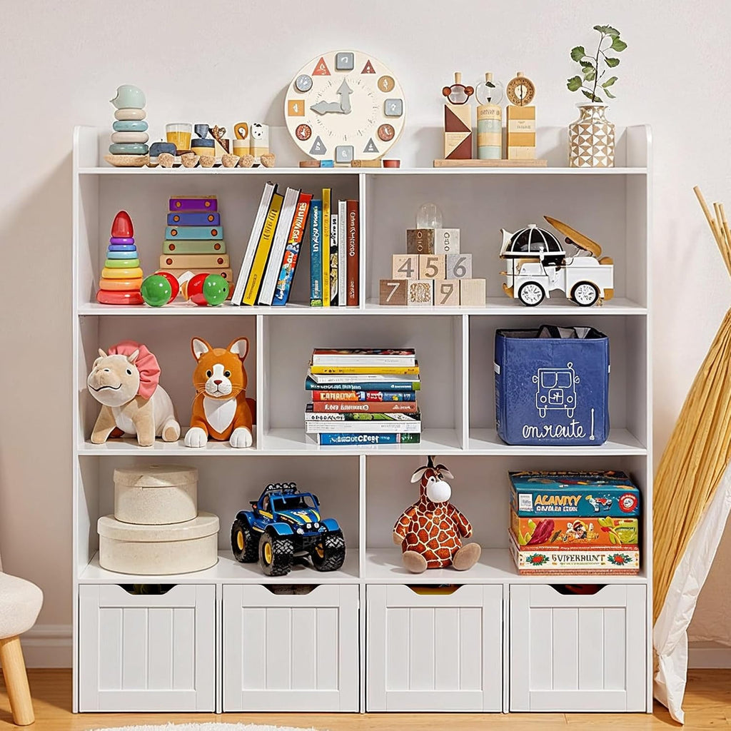 Gizoon Toy Storage Cabinet and Kids Bookcase with 4 Movable Drawers and 8 Open Shelves Toy Chest Shelf Organizer with Hidden Wheels for Playroom Nursery Kids Room, White, Painted