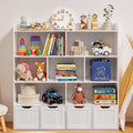 Gizoon Toy Storage Cabinet and Kids Bookcase with 4 Movable Drawers and 8 Open Shelves Toy Chest Shelf Organizer with Hidden Wheels for Playroom Nursery Kids Room, White, Painted