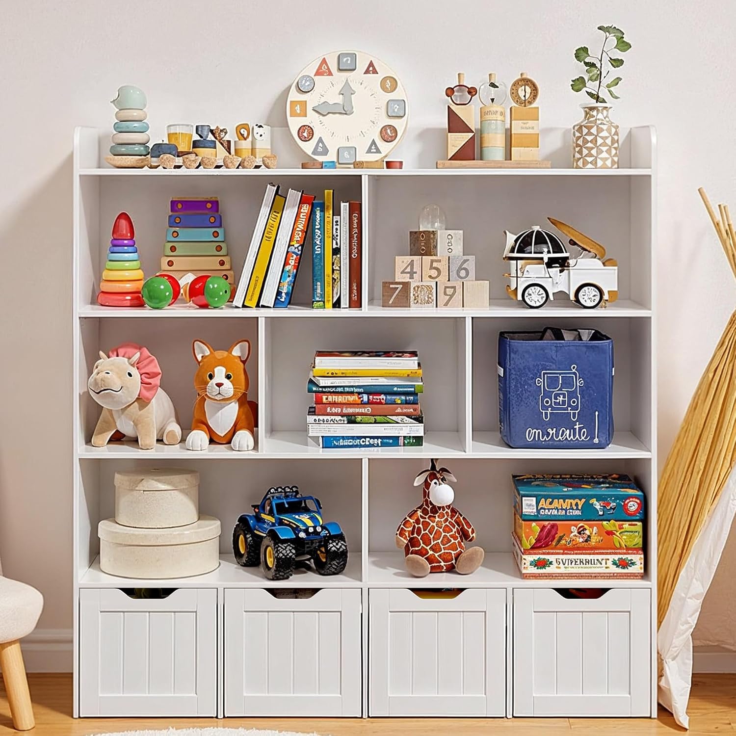 Gizoon Toy Storage Cabinet and Kids Bookcase with 4 Movable Drawers and 8 Open Shelves Toy Chest Shelf Organizer with Hidden Wheels for Playroom Nursery Kids Room, White, Painted