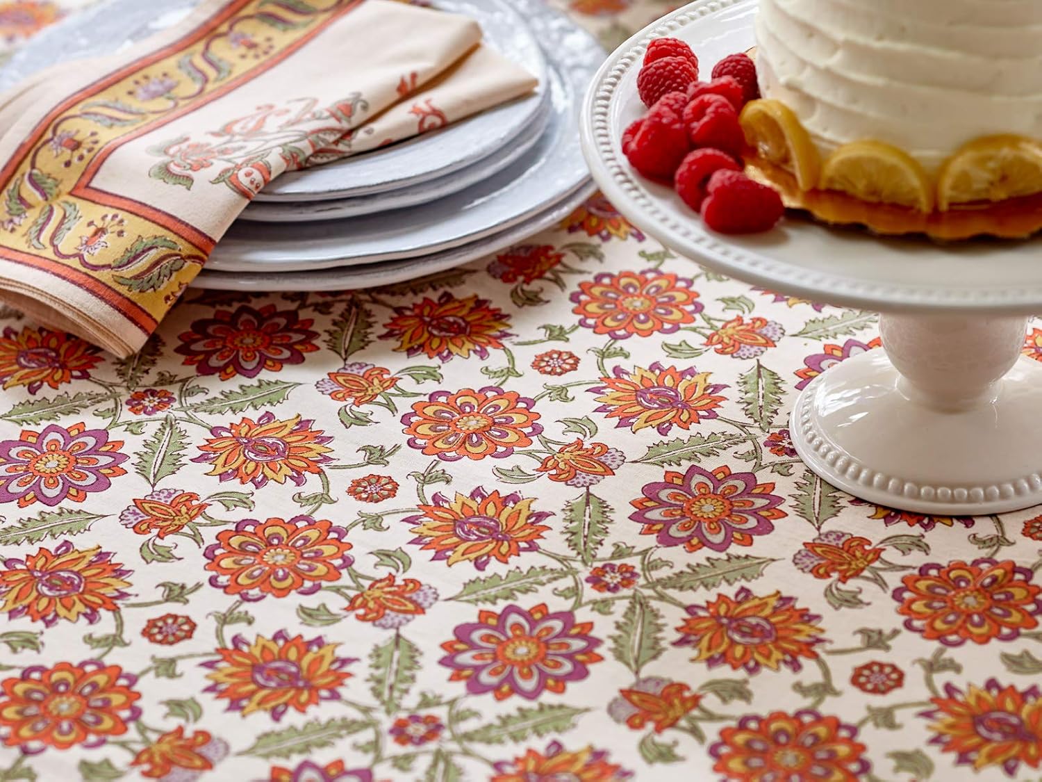 Saffron Marigold Rectangle Hand Block Printed Tablecloth - Orange Blossom Luxurious 100% Cotton, Washable, for Home Decor, Kitchen, Coffee Or Dining Table 70 x 90 Inches