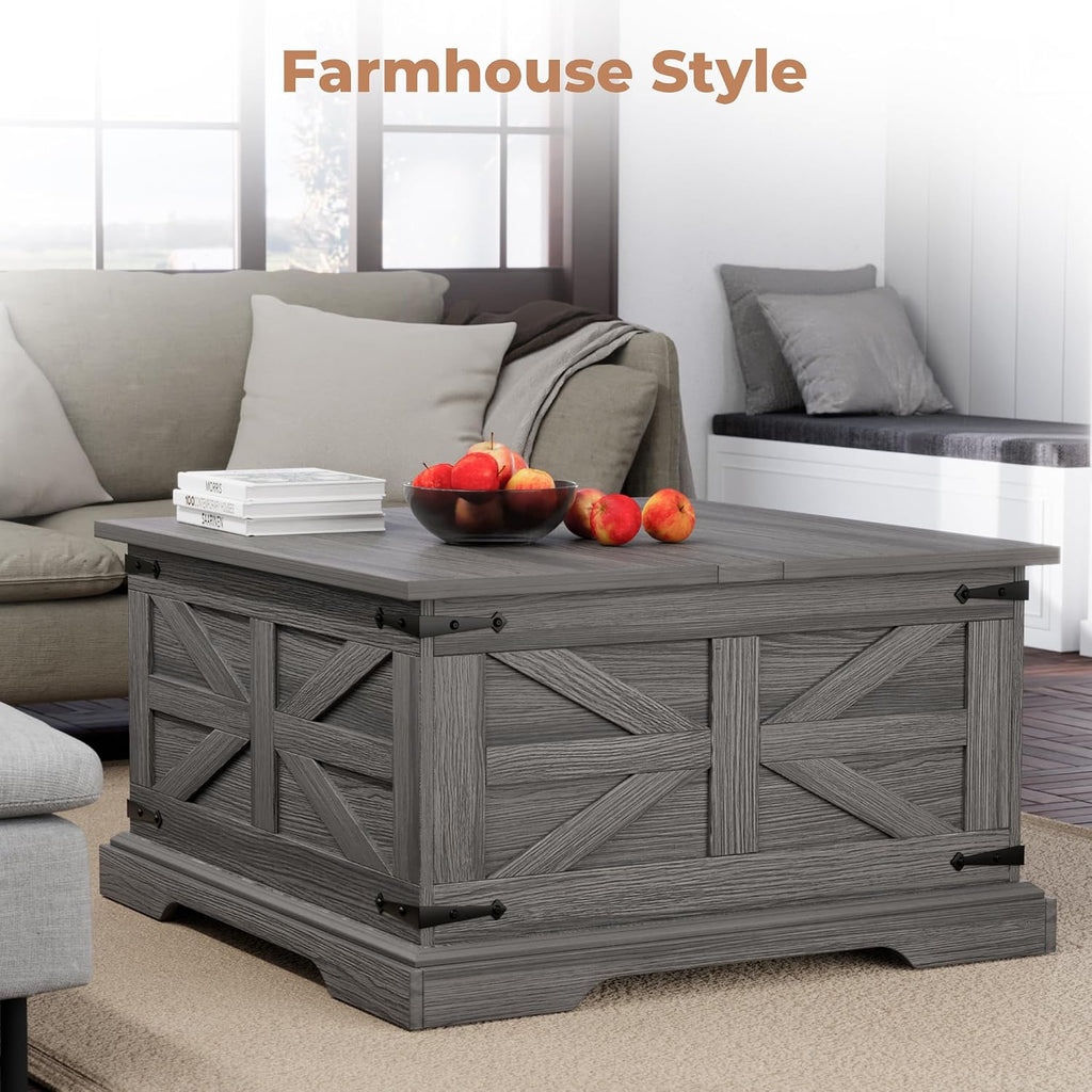 Farmhouse Coffee Table with Large Hidden Storage, Square Wood Living Room Tables, Multi-Function Lift Wooden Barn Door Center Table (Wah Grey)