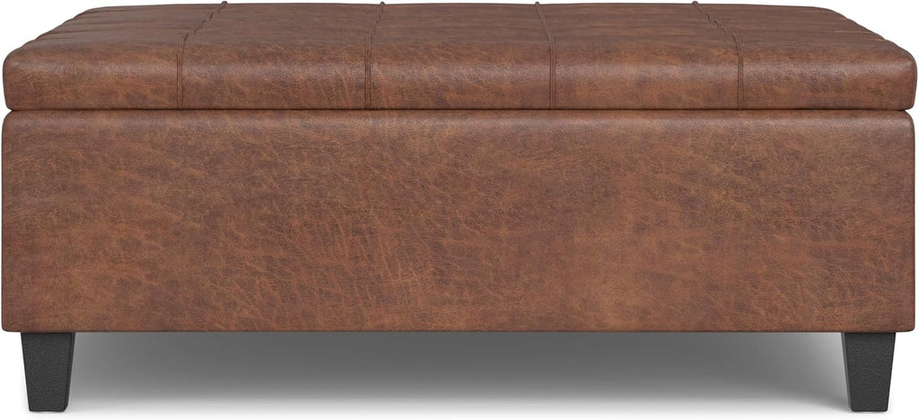 SIMPLIHOME Harrison Large Coffee Table Storage Ottoman - 40 inch Wide Upholstered Vegan Leather Square Lift-Top Ottoman in Distressed Saddle Brown, Transitional Bench for Living Room with Sturdy Base
