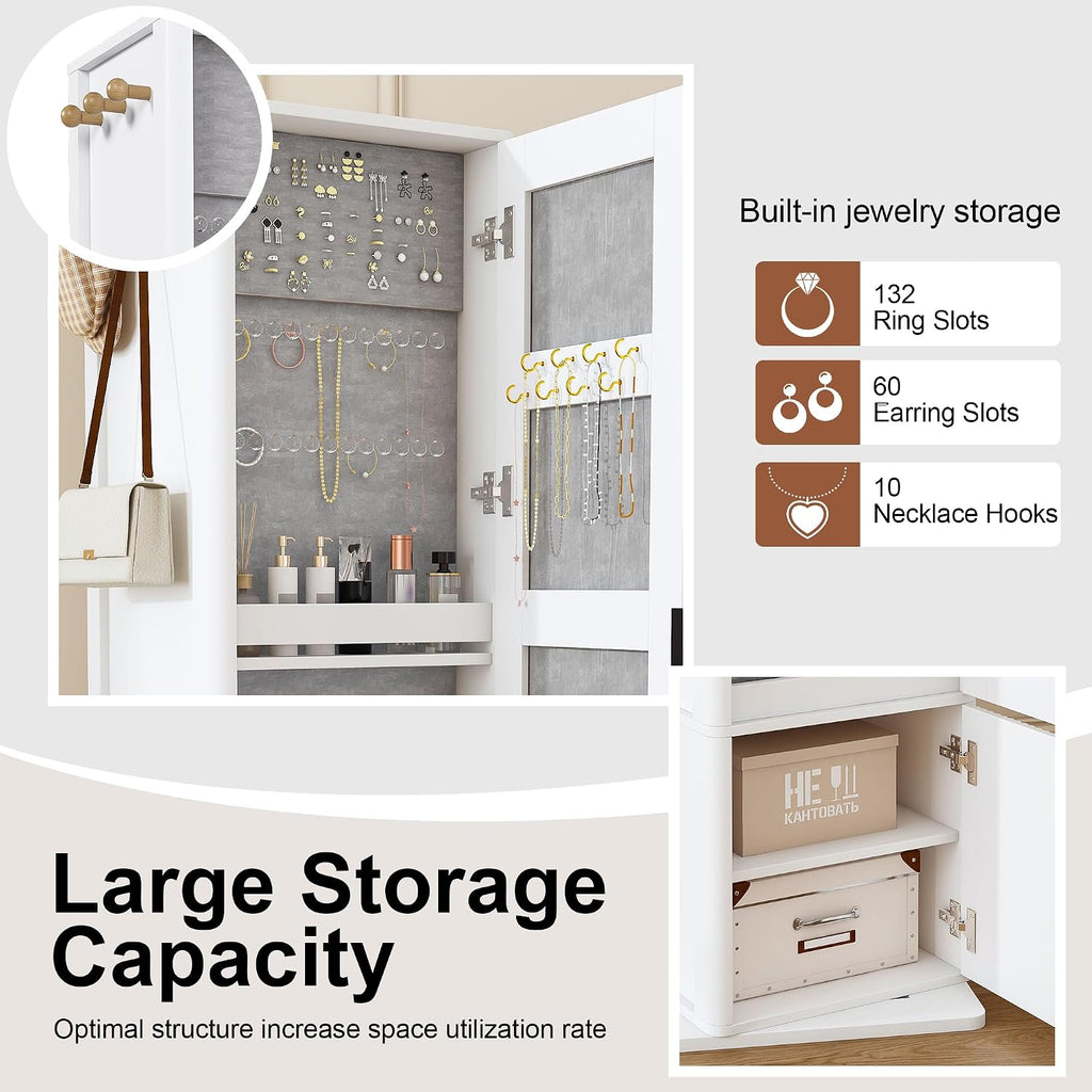 360° Rotating Makeup Storage Cabinet with Full-Length Mirror, Jewelry Armoire Organizer, Freestanding Bookshelf Tower, Coat Hook Stand, Hidden Shelves, Space-Saving Bedroom Furniture (White)