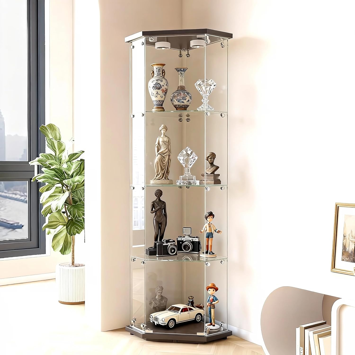 65' Corner Glass Display Cabinet with 13 Colors Lights, 4-Tier Corner Curio Cabinet Display Case with Lock for Collectibles, Home Decor Glass Shelf for Living Room, Bedroom, Office, Shop, Black