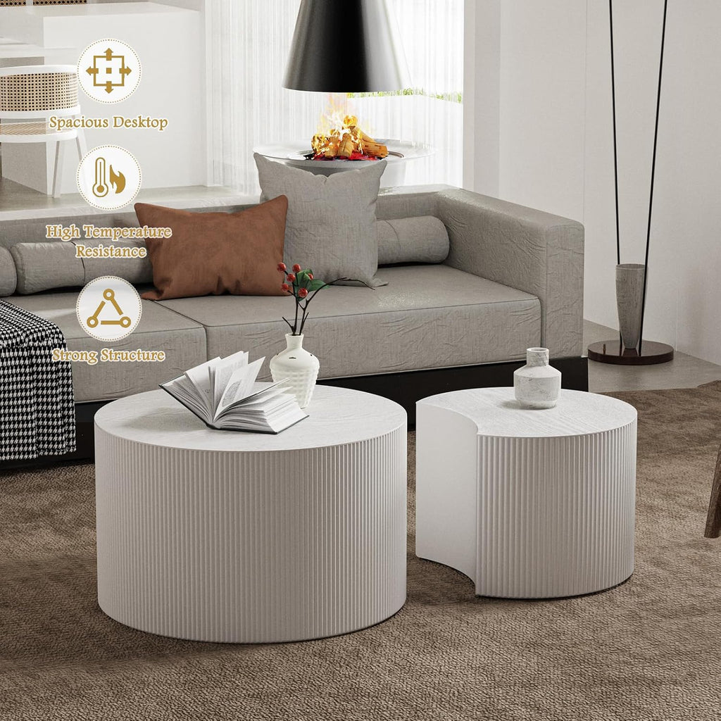 Round Coffee Table Set of 2 Modern Nesting Coffee Tables Wooden Drum Coffee Tables with Non-Slip Feet, Circle Nesting Tables End Table for Living Room Office, No Assembly (Cream 27.56'+19.69')