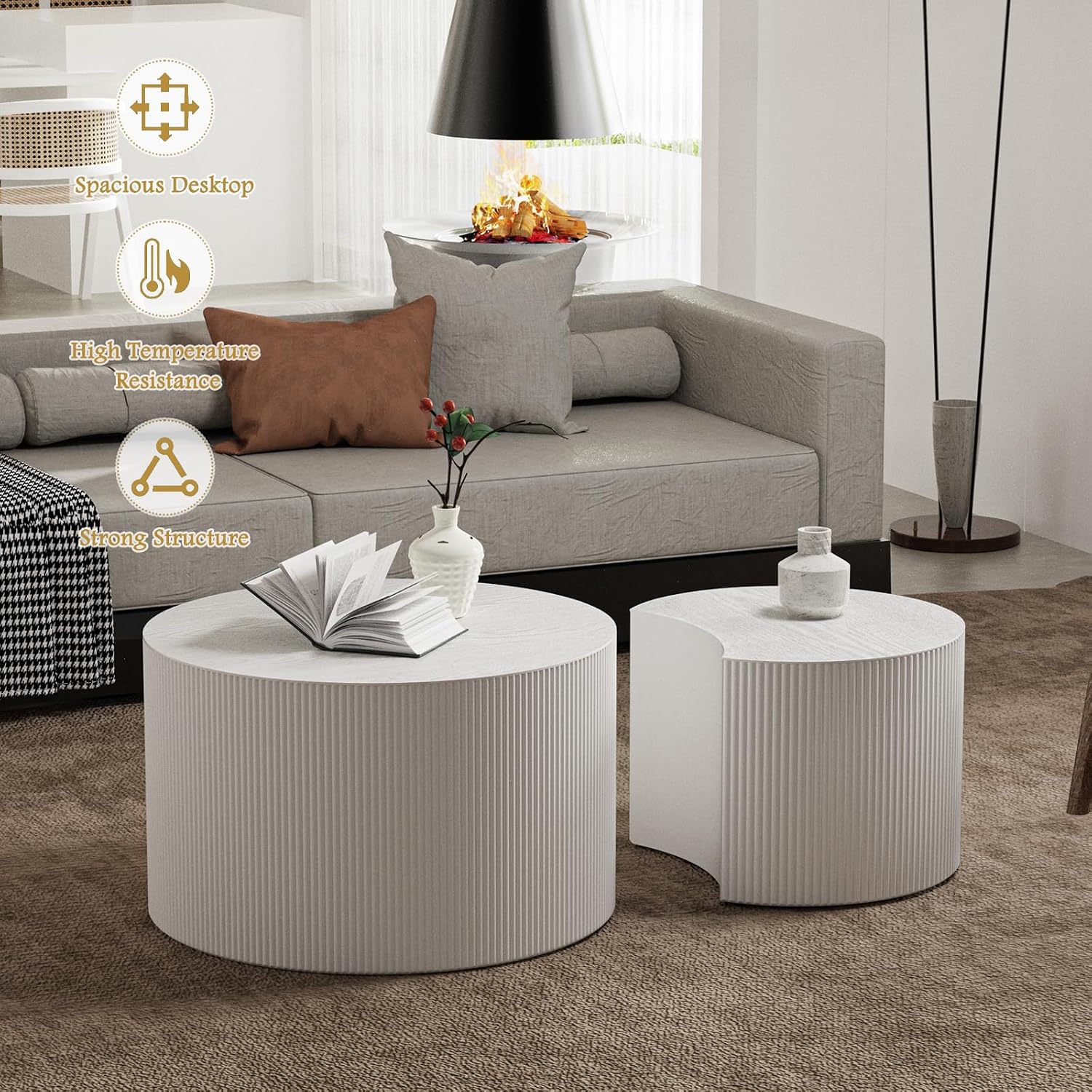 Round Coffee Table Set of 2 Modern Nesting Coffee Tables Wooden Drum Coffee Tables with Non-Slip Feet, Circle Nesting Tables End Table for Living Room Office, No Assembly (Cream 27.56'+19.69')