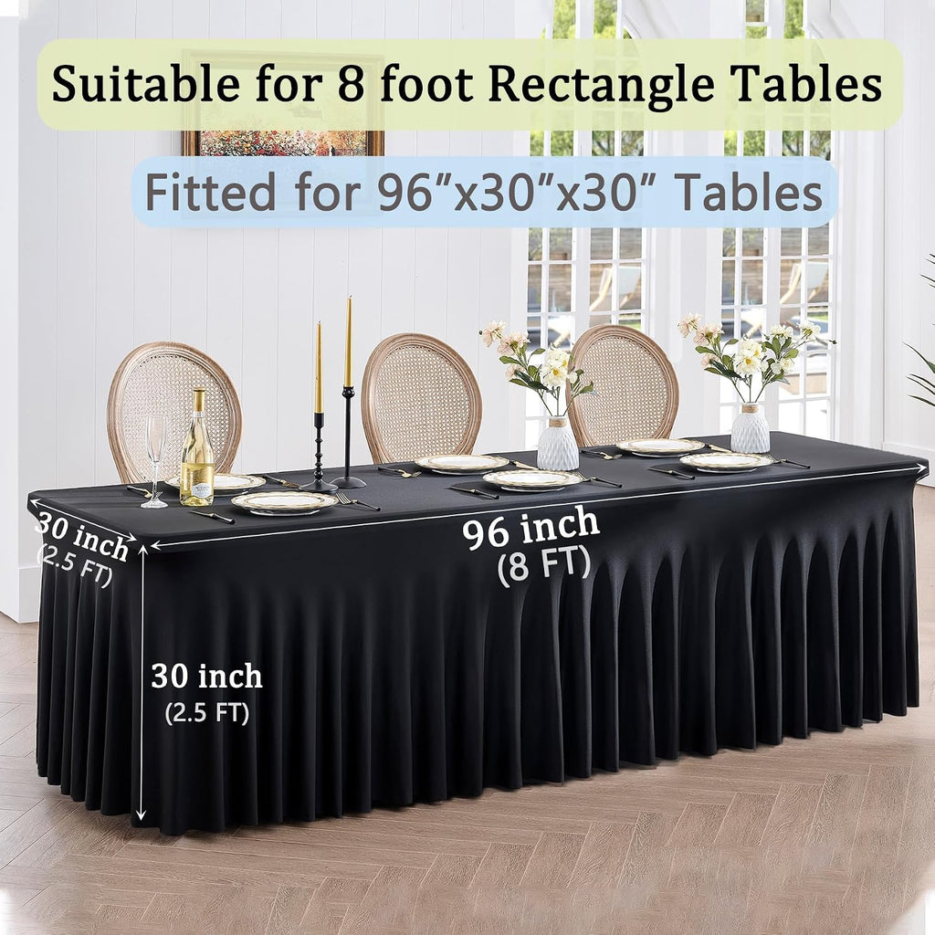 8 Pack Spandex Black Table Clothes for 8 Foot Rectangle Tables, Wrinkle Free Stretch Table Cloths 8FT, Fitted Table Cover Desk Skirt for Parties Weddings Birthday Banquet Events