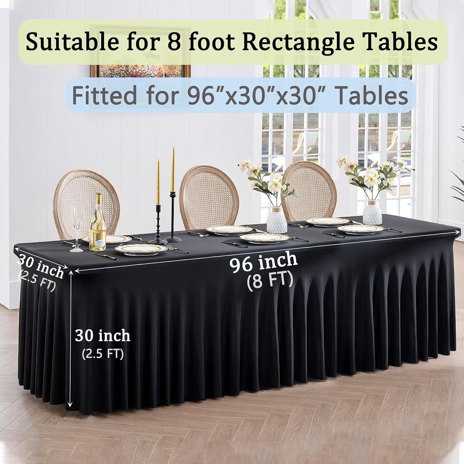 8 Pack Spandex Black Table Clothes for 8 Foot Rectangle Tables, Wrinkle Free Stretch Table Cloths 8FT, Fitted Table Cover Desk Skirt for Parties Weddings Birthday Banquet Events