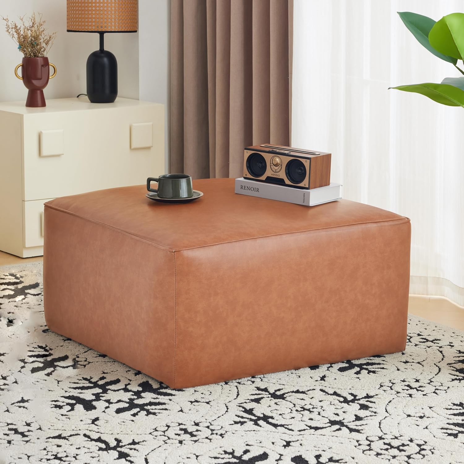 Christopher Knight Home Ellis Faux Leather Ottoman Footstool, Square Pouf Poufee Footrest Ottoman Large Seat, Modern Side Table for Living Room Bedroom Home Decor Gifts, Tan Brown