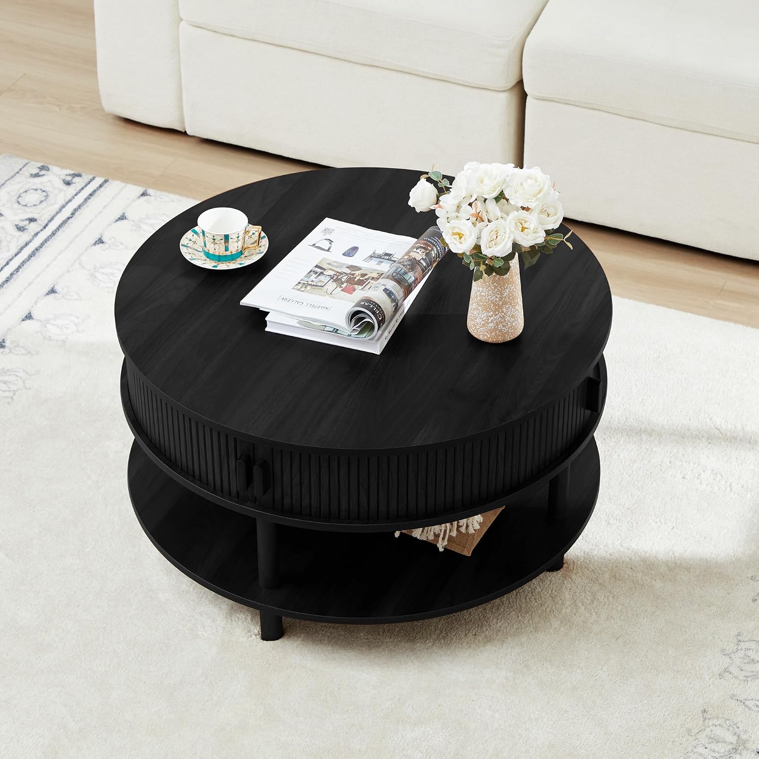 RARZOE 31.5' Round Coffee Table with Storage, Wood Circle Coffee Table with Sliding Cabinet Doors, Fluted Dining Table Accent Center Table for Living Room Home Office Apartment, Black