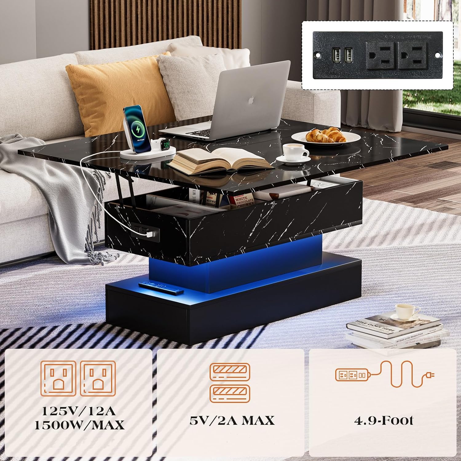 SYESWAY 39.4' Lift Top Coffee Table with Charging Station, 4-in-1 Multifunctional Coffee Table with Storage & Hidden Compartments, High-Glossy Marbling Print LED Center Table for Living Room, Black