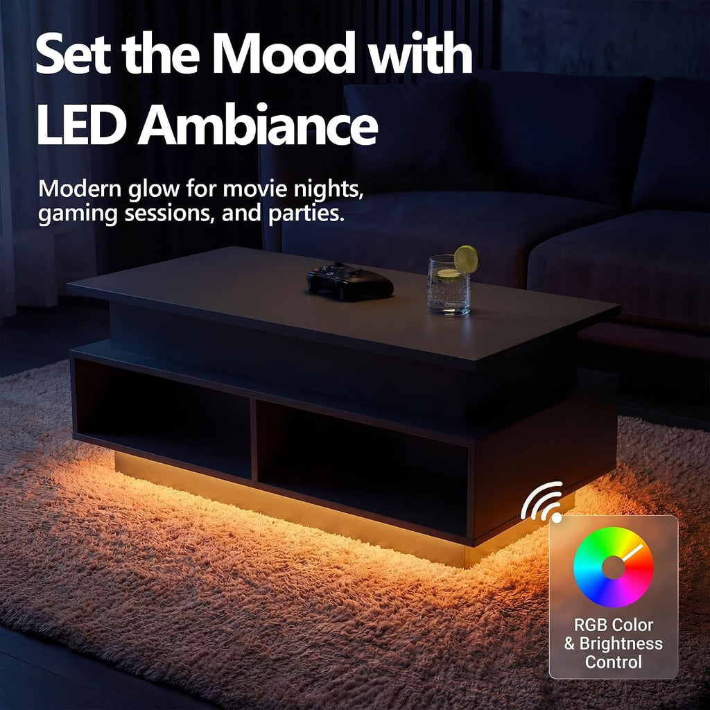 YESHOMY 40' Lift Top Coffee Table with Hidden Storage & Multi-Color LED Lights, Modern Square Wood Table with 4 Open Shelves for Living Room and Small Space, Black