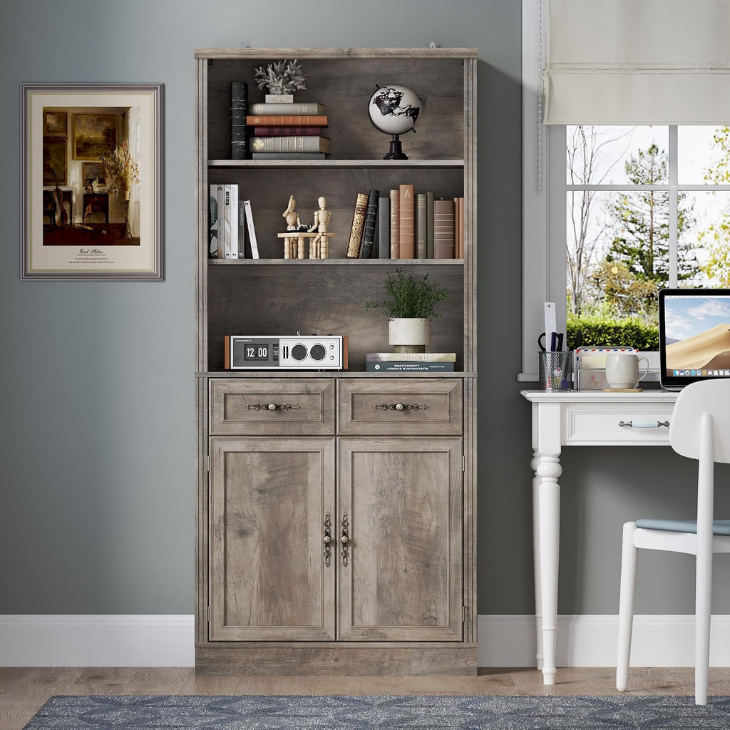 BORNOON 70.1' Tall Bookshelf with Drawers & Cabinet, 5-Tier Floor Standing Bookcase with Storage Doors, Adjustable Shelves & Metal Handles, 31.5' Wide Organizer for Home Office, Living Room