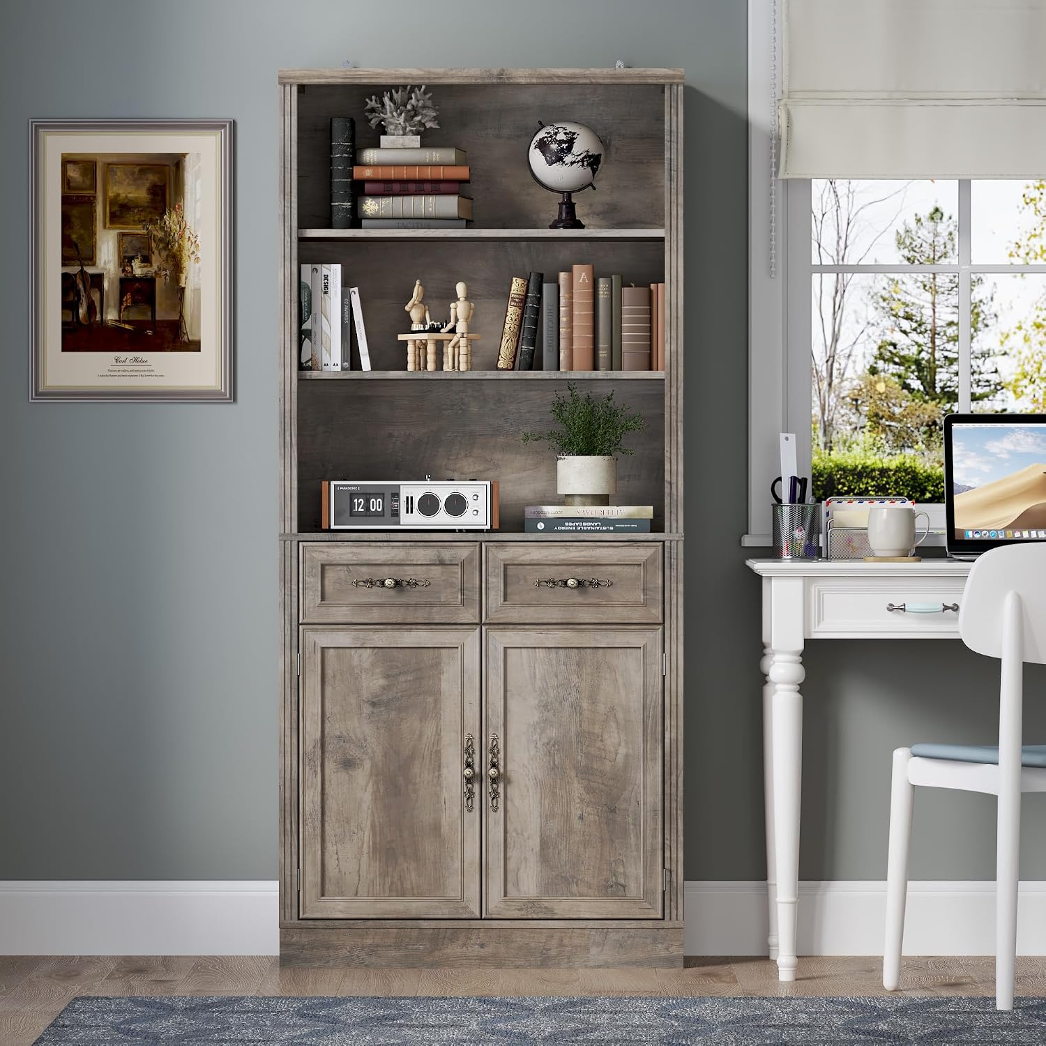 BORNOON 70.1' Tall Bookshelf with Drawers & Cabinet, 5-Tier Floor Standing Bookcase with Storage Doors, Adjustable Shelves & Metal Handles, 31.5' Wide Organizer for Home Office, Living Room