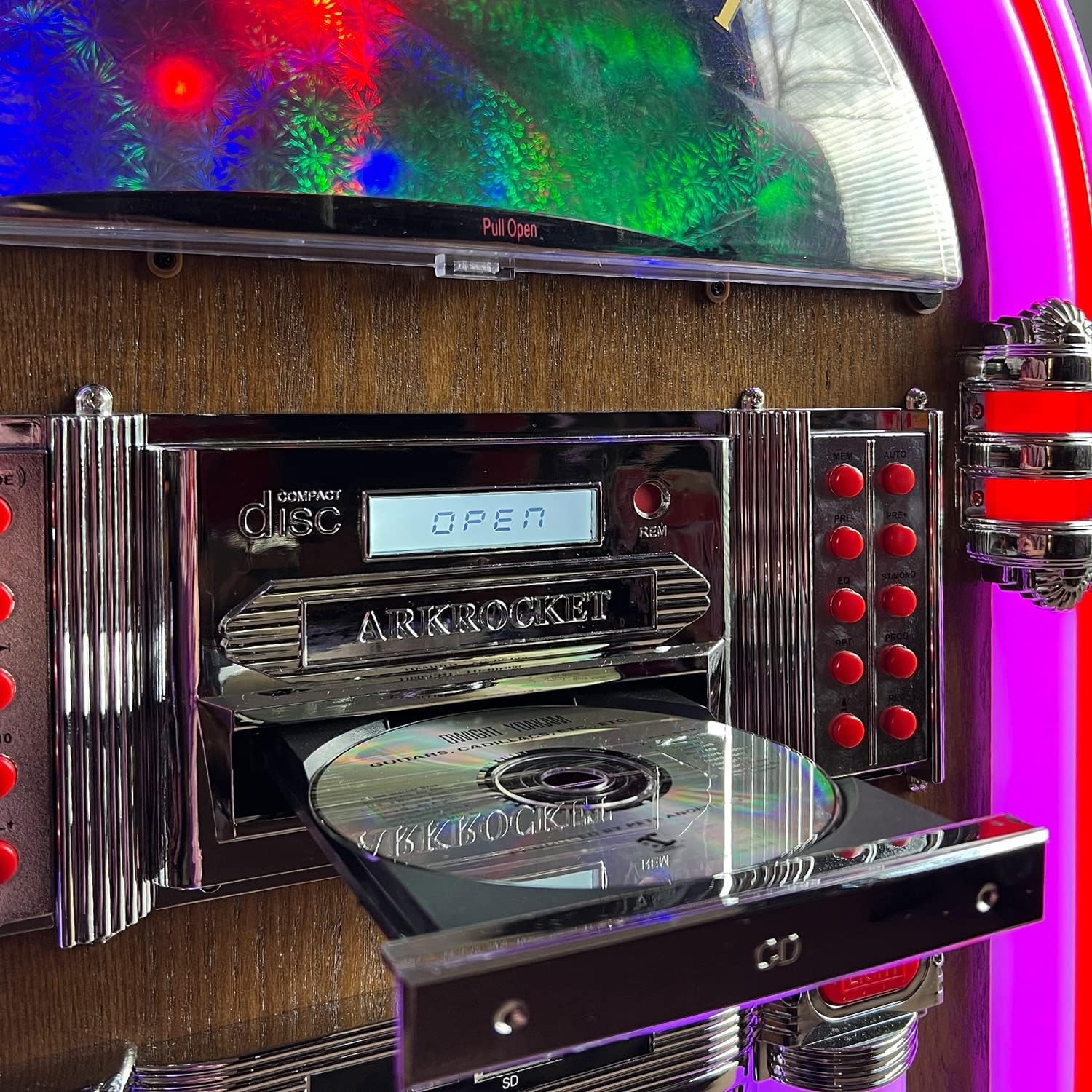 Arkrocket Full Size Jukebox Vinyl Record Player Bluetooth USB SD CD Player Radio Retro Turntable Classic Jukebox (Taurus II + Stand - Oak)