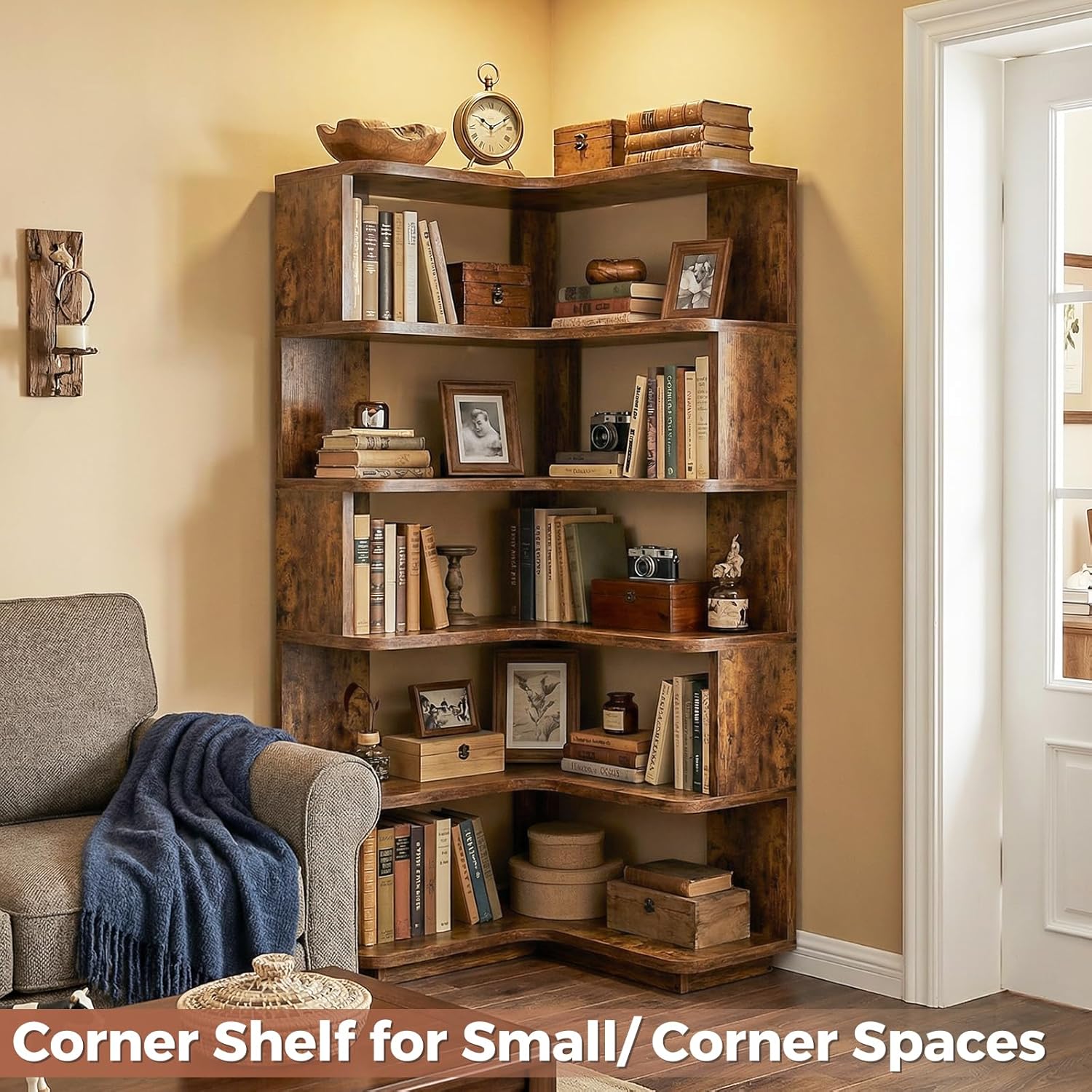 Besiost Corner Book Shelf, 6-Shelf Corner Bookshelf for Small Corner Spaces, L-Shape Bookcase Corner Display Shelf for Home Office, Living Room, Bedroom, Kitchen Pantry, Rustic Brown