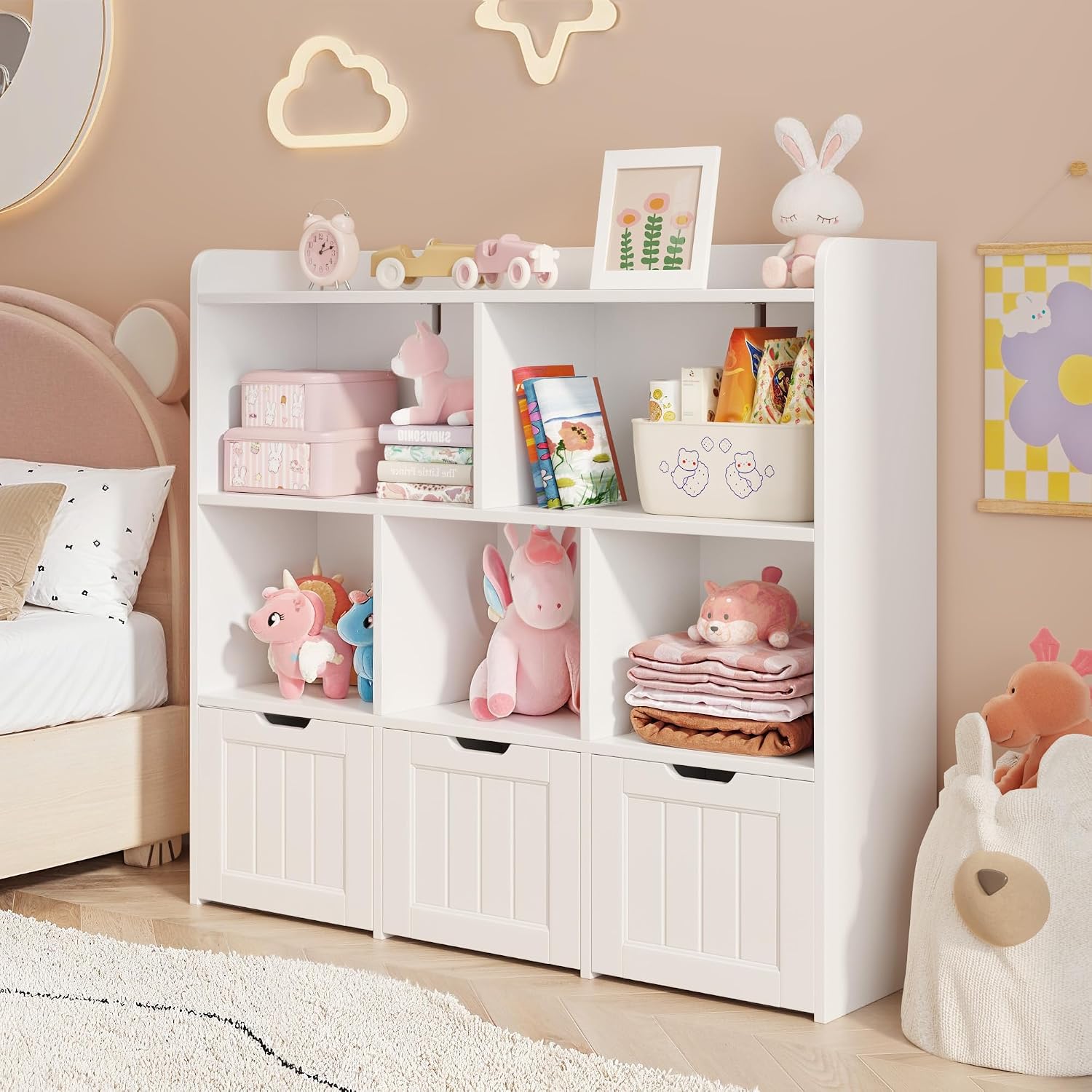 Gizoon Toy Storage Organizer with 3 Movable Drawers and 6 Open Shelves Kids Bookshelf Featuring Fall Prevention Barrier for Playroom Nursery Kids Room Organization, White, Painted