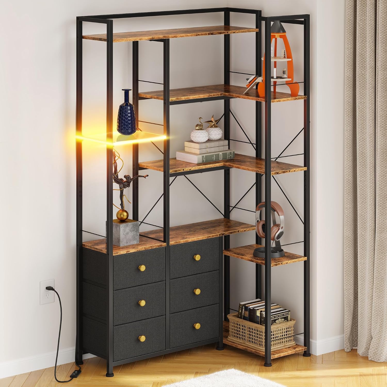 AFLUI Corner Bookshelf with LED Lights & 6 Fabric Drawers, 5-Tier Industrial L-Shaped Bookcase with Acrylic Display Shelf for Living Room, Office
