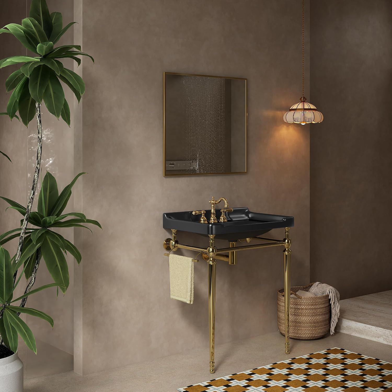 28' Bathroom Console Sink, Wall-Mounted White Ceramic Vanity Basin with 3 Pre-drilled Faucet Holes, Freestanding Gold Stainless Steel Support Legs with Towel Bar, No Faucet - Rome, Black