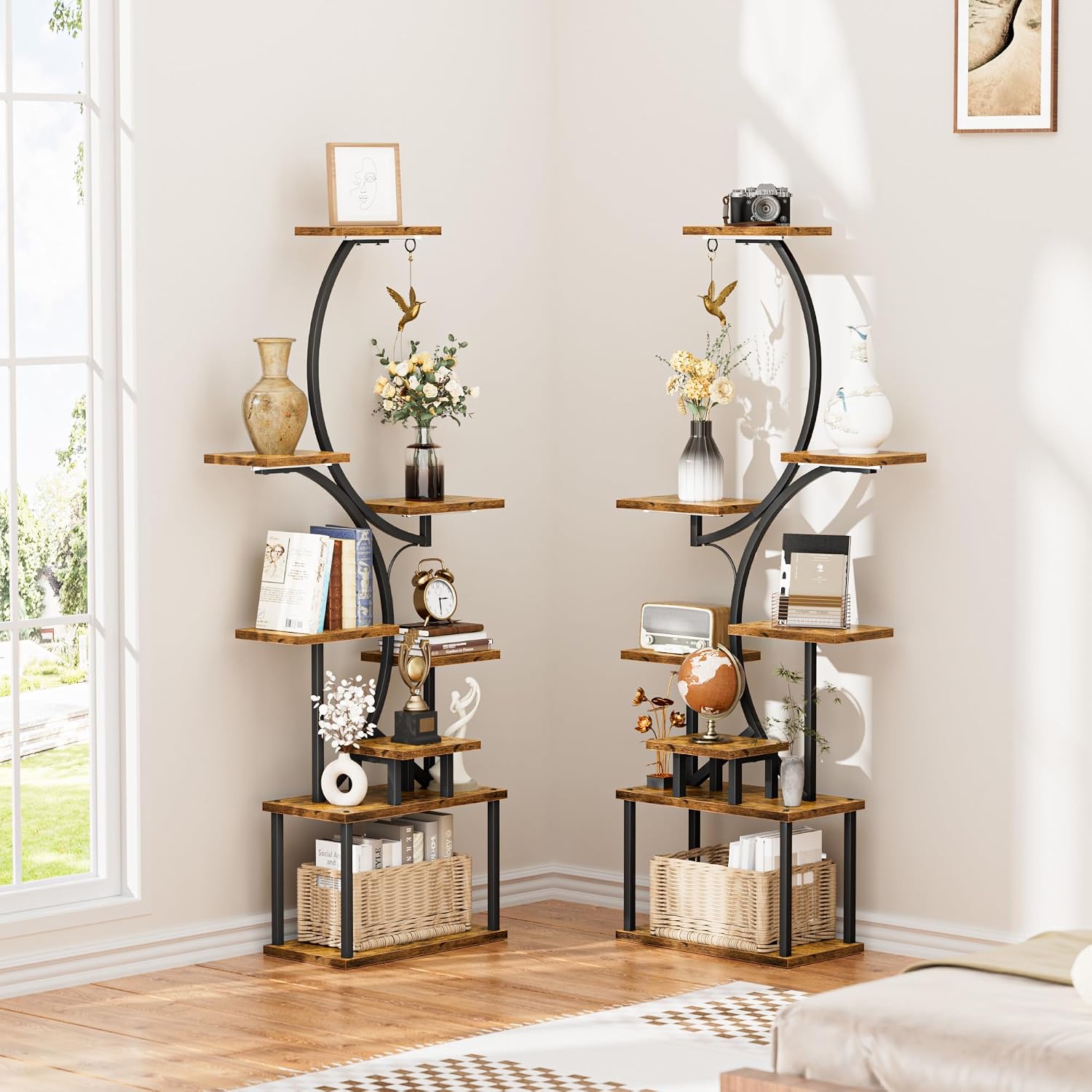 Bookshelf with Lights, 2 Pack Ladder Shelf, 62' Tall Corner Book Shelf, 8 Tier Arched Home Storage Bookcase, Unique Display Book Organizer for Collectibles, Modern Libreros for Livingroom Beedroom