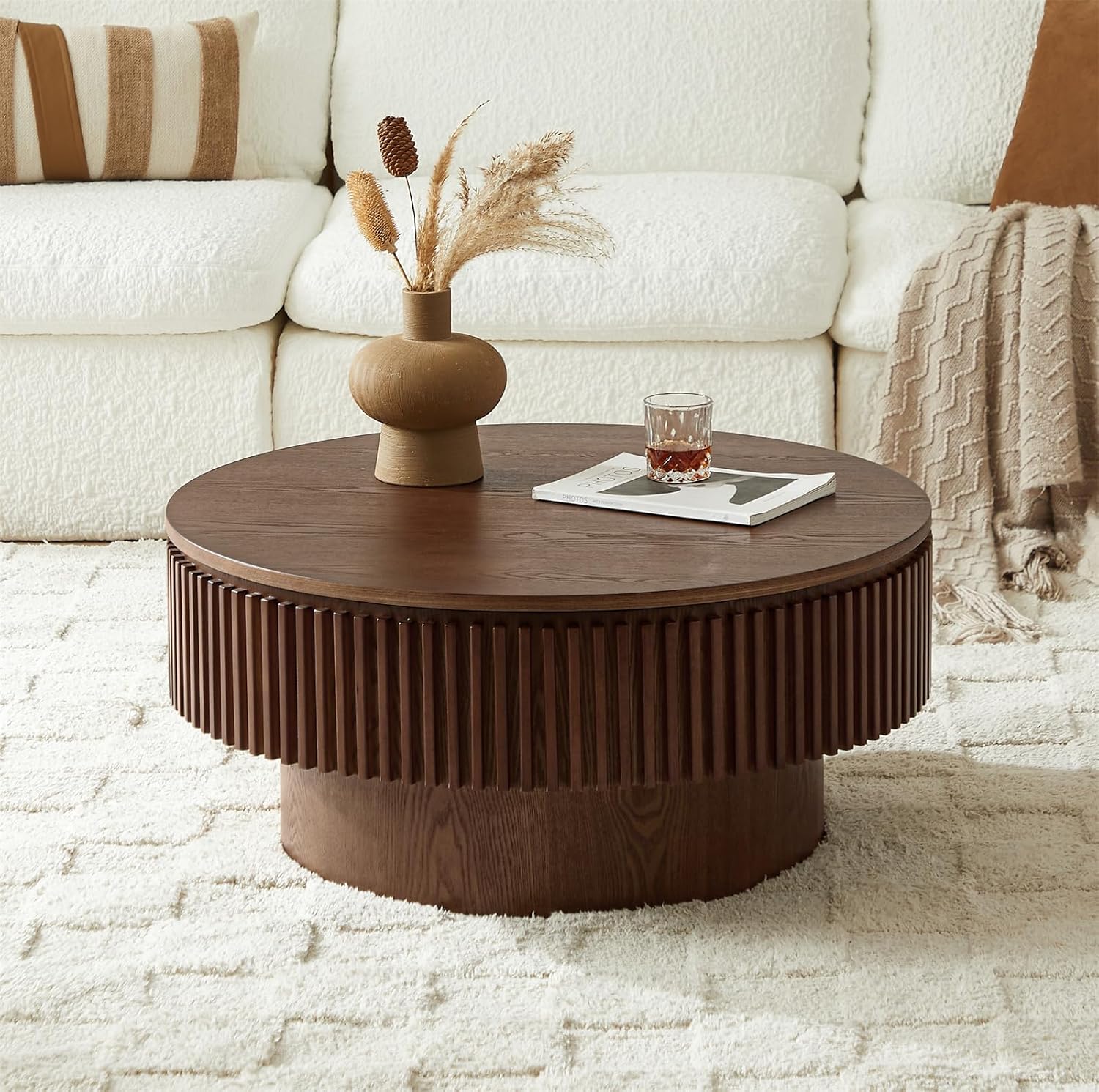 Round Coffee Table for Living Room,Fluted Drum Accent Tea Center Table with Storage,Circle Modern Coffee Tables for Small Space Office Apartment (31.5' L×31.5''W×14''H-Walnut)