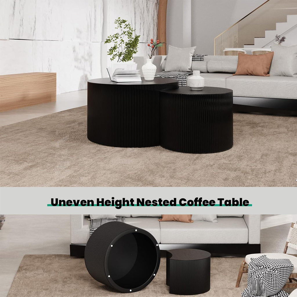Round Wood Coffee Table Set of 2 Modern Circle Nesting Coffee Table Handcrafted Drum Nesting Table Nesting Coffee Tables for Living Room for Small Space (Black C (D27.56+D19.69 inch))