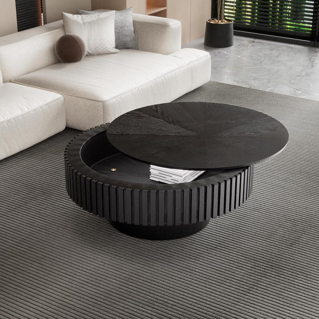 31.49'' Round Drum Coffee Table with Storage Space, Modern Wood Circle Fluted Coffee Tables Handcrafted Fluted Center Table for Living Room Apartment, Easy Assembly