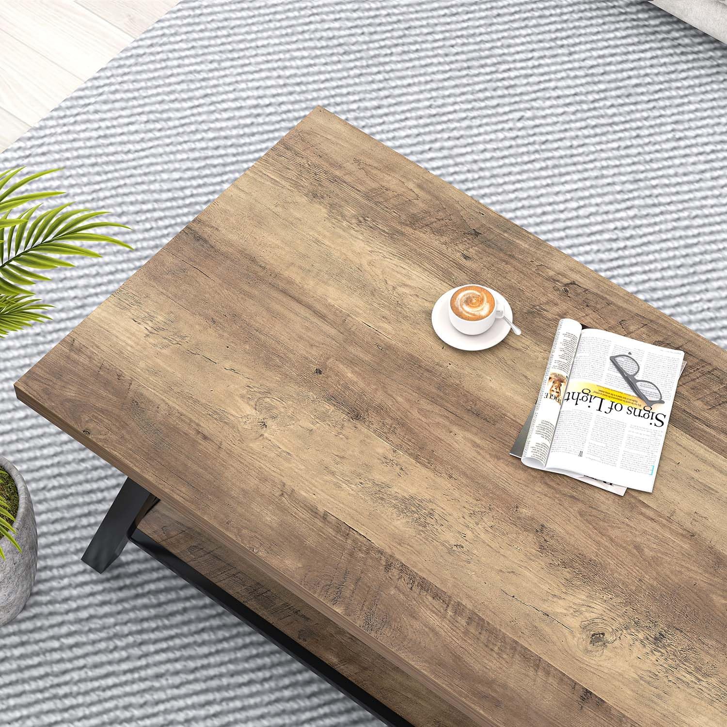 EXCEFUR Modern Coffee Table, Rectangle Center Table for Living Room with Storage Shelf, Industrial Wood and Metal Cocktail Tea Table, Rustic Oak, 47 Inch