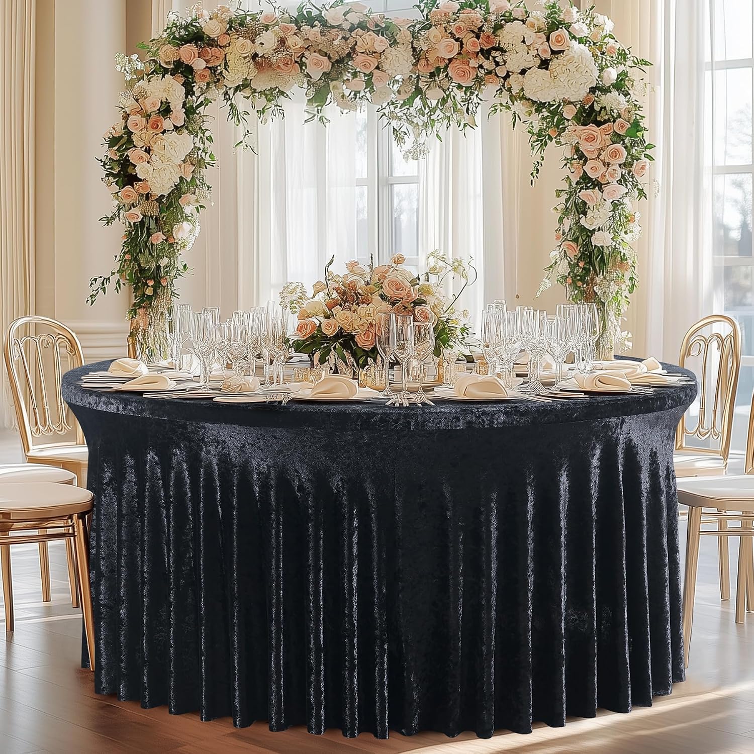 6 Pack Black Velvet Round Tablecloths for 60 inch Table, Wrinkle Free Stretchy 120 inch Spandex Fitted Round Table Cloths Covers Washable Clothes for Wedding Birthday Parties Banquet