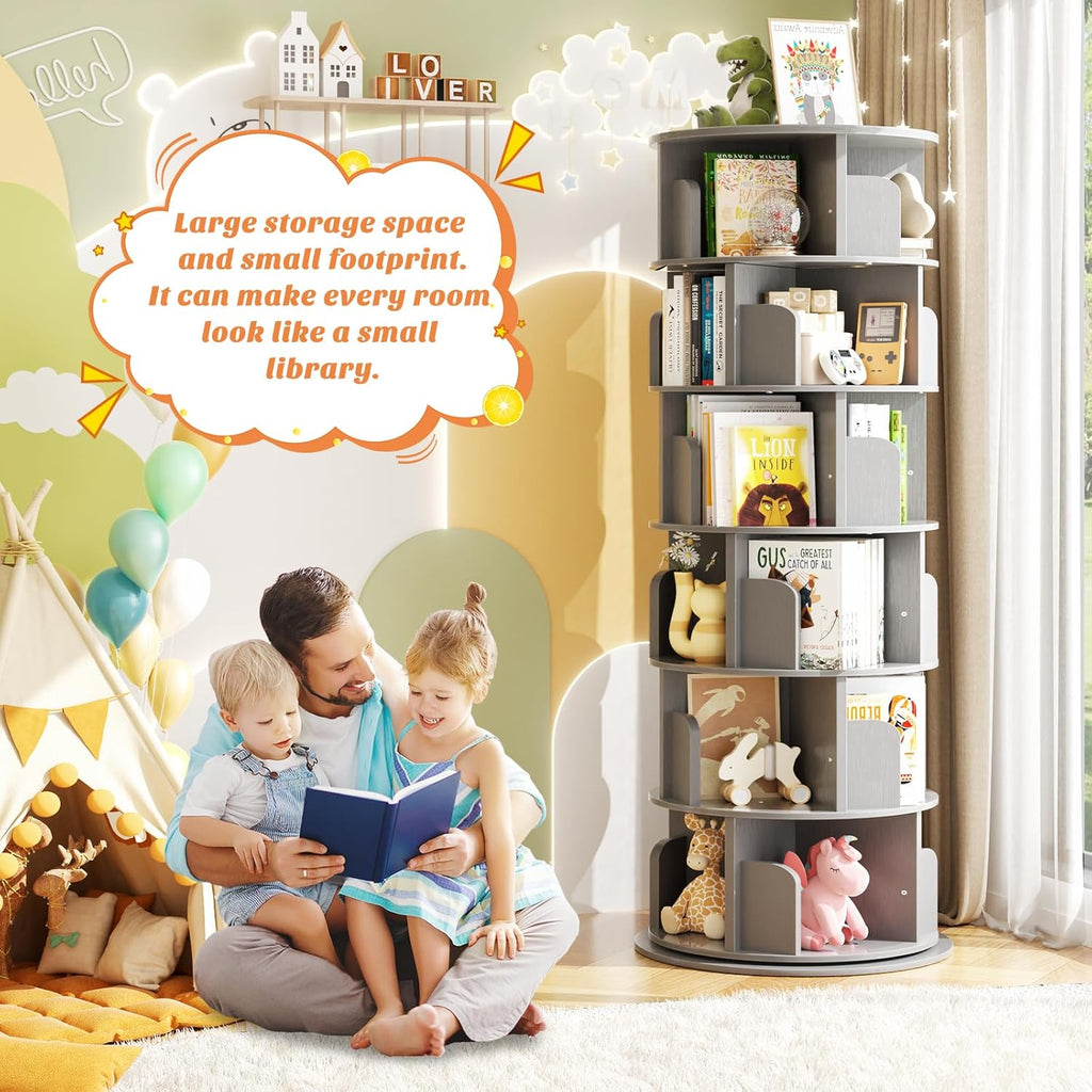 Aheaplus 6 Tier Rotating Bookshelf, Wood Spinning Bookshelf Tower, Round Revolving 360 Bookcase, Narrow Turning Book Shelf Rolling Corner Organizer for Small Space, Bedroom, Office, Grey