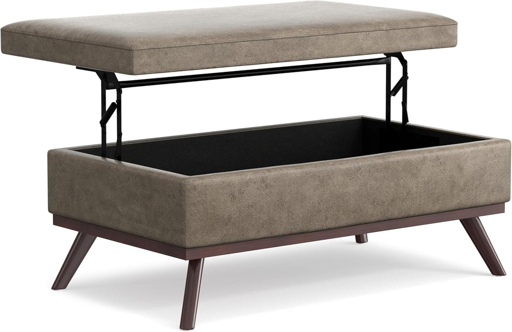 SIMPLIHOME Owen Lift Top Coffee Table Storage Ottoman - 42 inch Wide Upholstered Vegan Leather Rectangular Lift-Top Ottoman in Distressed Smoky Grey Brown, Mid-Century Modern Ottoman for Living Room