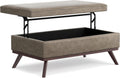 SIMPLIHOME Owen Lift Top Coffee Table Storage Ottoman - 42 inch Wide Upholstered Vegan Leather Rectangular Lift-Top Ottoman in Distressed Smoky Grey Brown, Mid-Century Modern Ottoman for Living Room