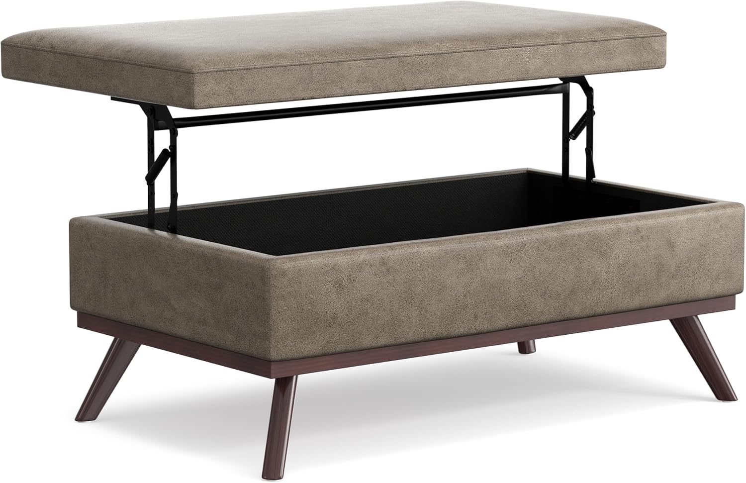 SIMPLIHOME Owen Lift Top Coffee Table Storage Ottoman - 42 inch Wide Upholstered Vegan Leather Rectangular Lift-Top Ottoman in Distressed Smoky Grey Brown, Mid-Century Modern Ottoman for Living Room