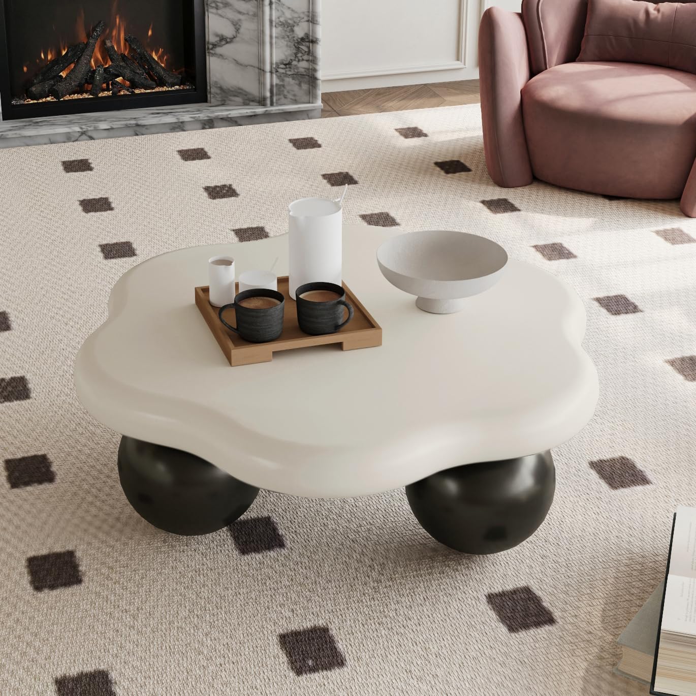 35.03' Cloud Coffee Table for Living Room Unique Coffee Table Modern Low Coffee Tables Cute Center Table with 3 Ball Legs for Small Space Apartment Cream Flower-White & Black