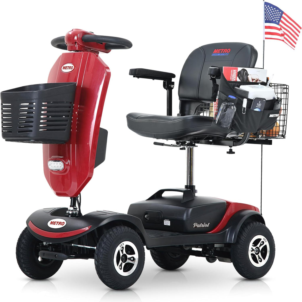 Metro Mobility 4 Wheel Powered Mobility Scooters for Seniors - 300 lbs Capacity Electric Scooter with Seat for Adults, Travel - Long Range Power Extended Battery & USB Charging Port - Red