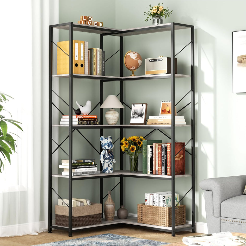 5 Tiers Corner Bookshelf, L-Shaped Bookcase Storage Organizer, Display Shelf Free Standing Book Shelf for Home Office, Living Room, Kitchen, Bedroom, Grey