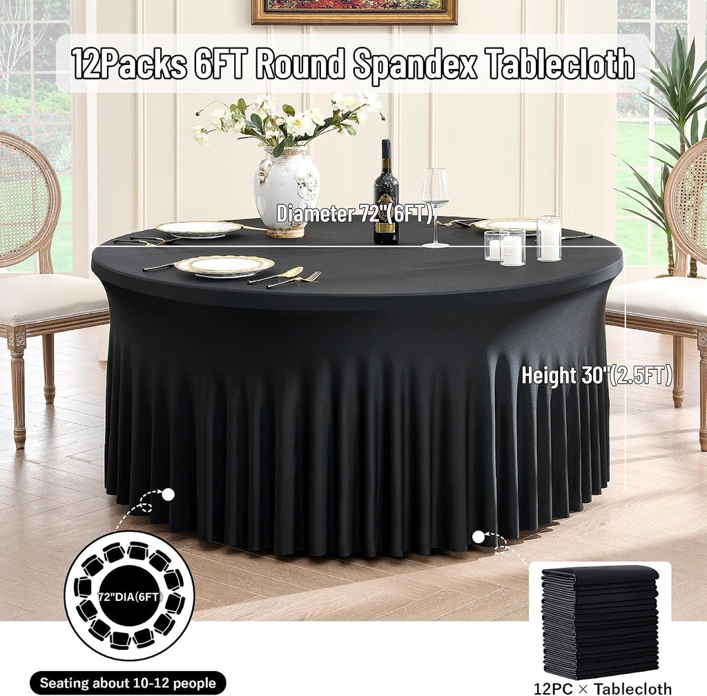 leegleri 12 Pack Spandex Black Round Tablecloths for 72in Table, Stretchy 132inch Fitted 6FT Round Table Cloths, Wrinkle Free Table Cover with Skirt for Wedding Birthday Party Bridal Shower Banquet