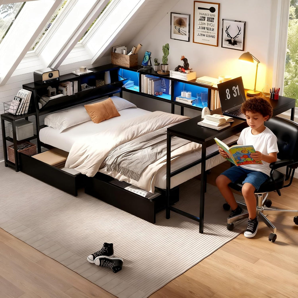 Twin Corner Bed Frame with Storage Drawers, Twin Daybed with Built-in Bookshelf & LED Light, L Shaped Twin Beds with Charging Station for Kids Teens, Black