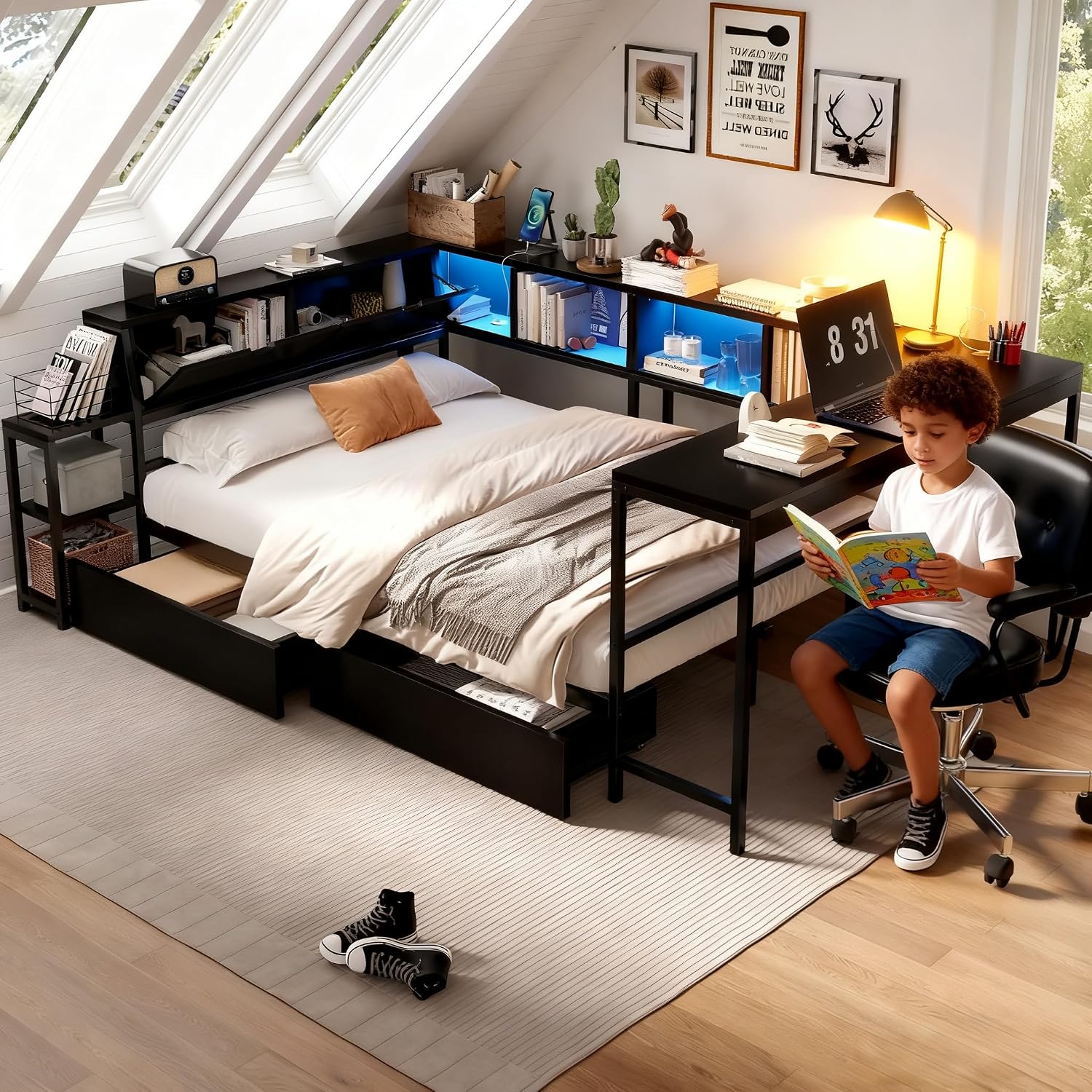 Twin Corner Bed Frame with Storage Drawers, Twin Daybed with Built-in Bookshelf & LED Light, L Shaped Twin Beds with Charging Station for Kids Teens, Black