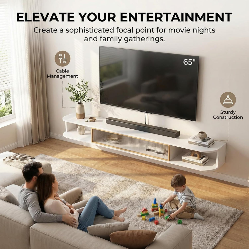 Floating TV Stand Wall Mounted Entertainment Center, 39.3–70.8 in Modern Media Console Shelf for Under TV Storage with Rounded Corners & Cable Management, Space-Saving for Living Room & Bedroom