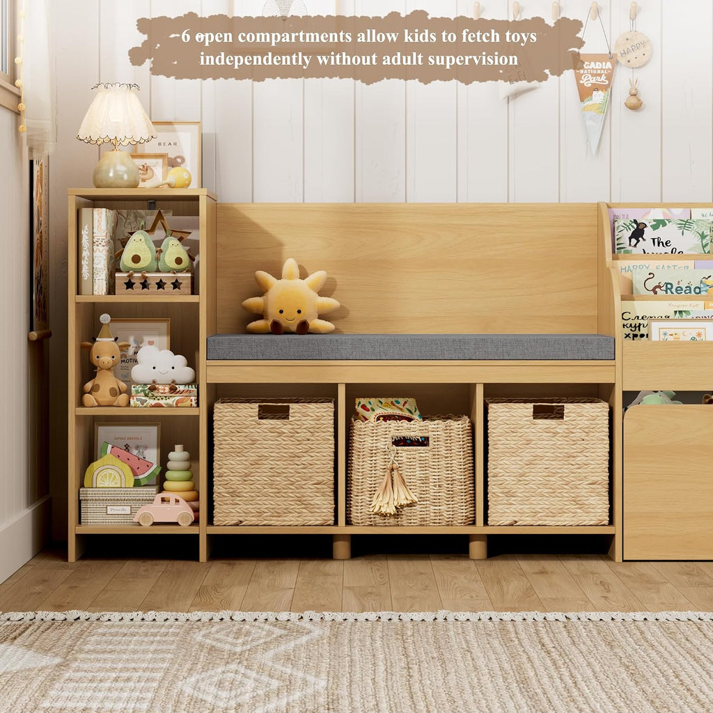 HOSTACK 67' W Kids Reading Nook with Toy Storage Organizer, Large Kids Bookshelf with Toy Storage Box on Wheels, Big Kid Bookcase with Bench and 6 Open Cubbies for Playroom, Kid Room, Natural Oak