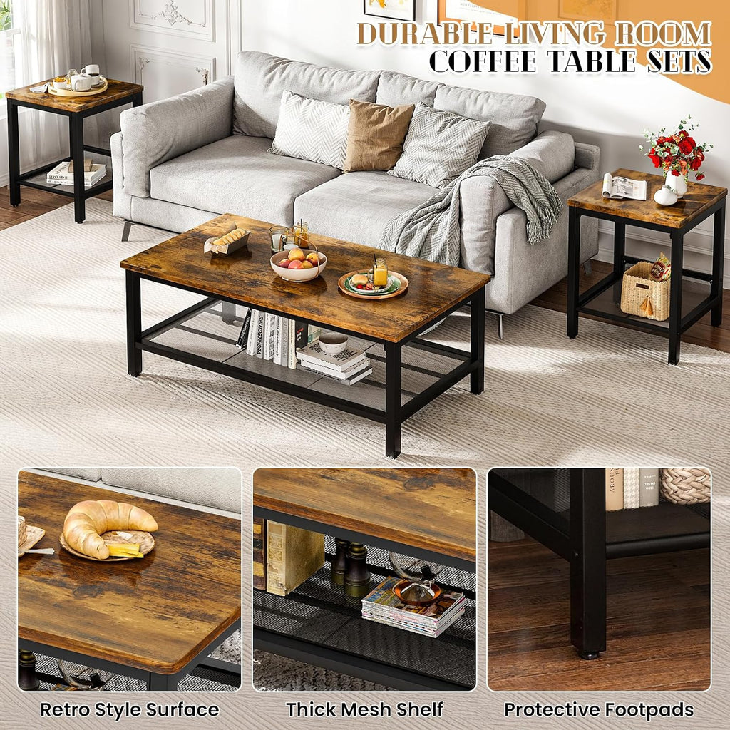 Recaceik 3-Piece Living Room Coffee Table Set, Industrial Coffee Table with 2 Square End Side Tables, Modern Living Room Table Set with Metal Frame for Apartment Home Office (Rustic Brown)