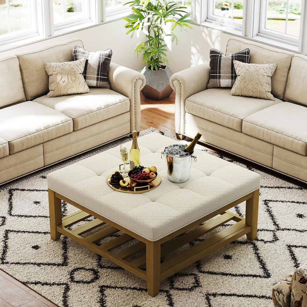 Befurtori Large Square Ottoman Coffee Table, Linen Solid Upholstered Footrest Ottoman with Solid Wood Shelf Storage Tufted Coffee Table for Bedroom Living Room, Ivory