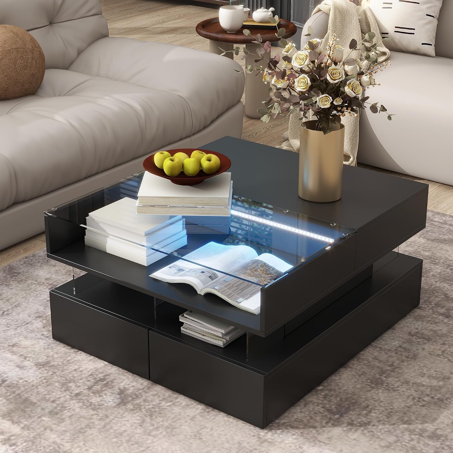 High Gloss LED Square Coffee Table 29.5-Inch Modern Lift-Top Center Cocktail Table with Storage & Glass Top for Living Room, Black