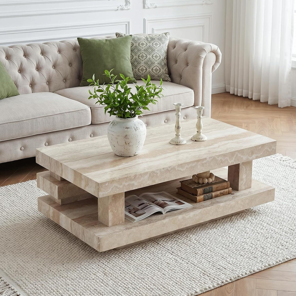 LKTART 43.3' Coffee Table, 2-Tier Stone Travertine Pattern Center Table with Open Storage, Mid Century Rectangular Wood Tea Table for Living Room, Bedroom, Office