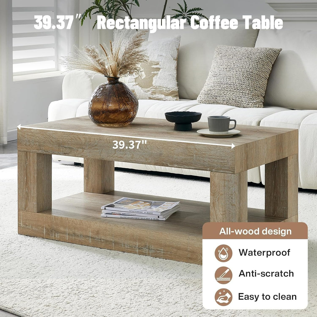 LKTART 39.37' Coffee Table with Storage, 2-Tier Mid Century Rectangular Accent Table with Thick Tabletop, Rustic Style Cocktail, Center Table for Living Room, Office, Apartment (Antique Natural)