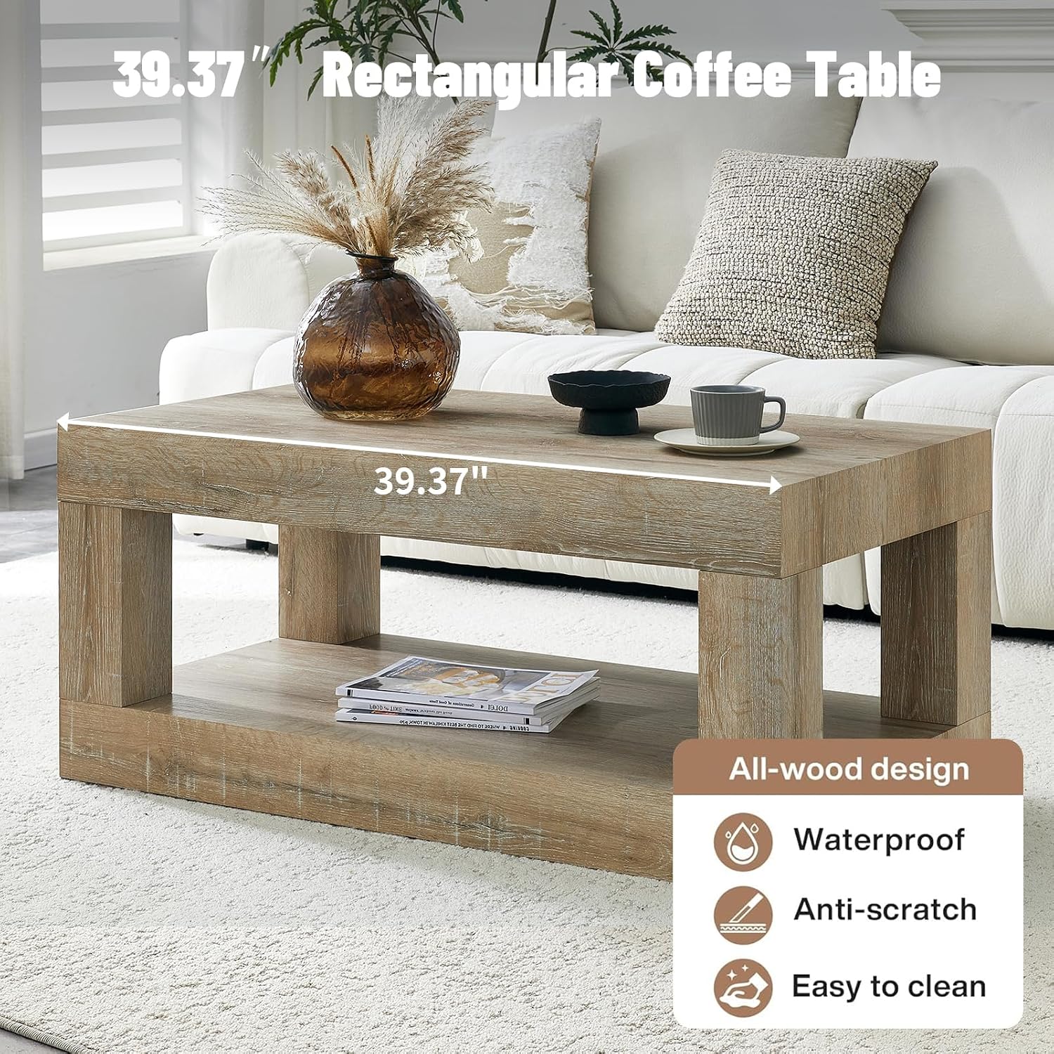LKTART 39.37' Coffee Table with Storage, 2-Tier Mid Century Rectangular Accent Table with Thick Tabletop, Rustic Style Cocktail, Center Table for Living Room, Office, Apartment (Antique Natural)